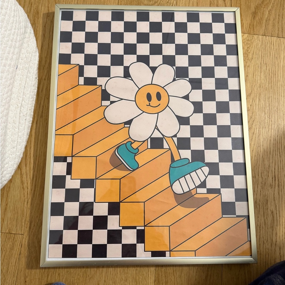 Framed Art with Smiling Flower on Stairs
